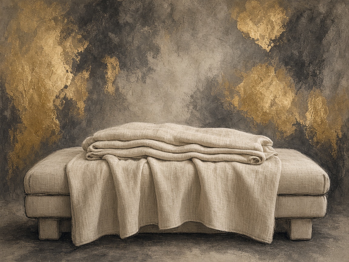 Soft-illustrated linen massage table with warm gold light