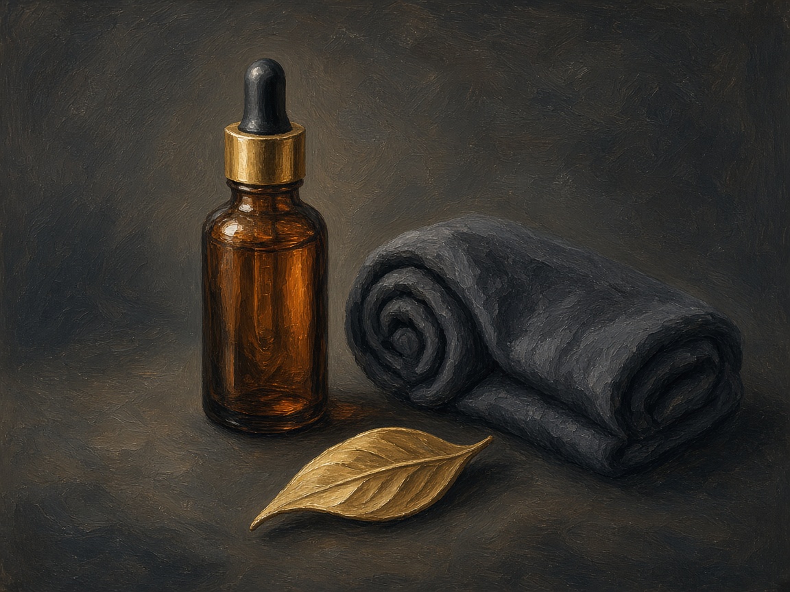Amber oil bottle, rolled towel, and gold leaf still life